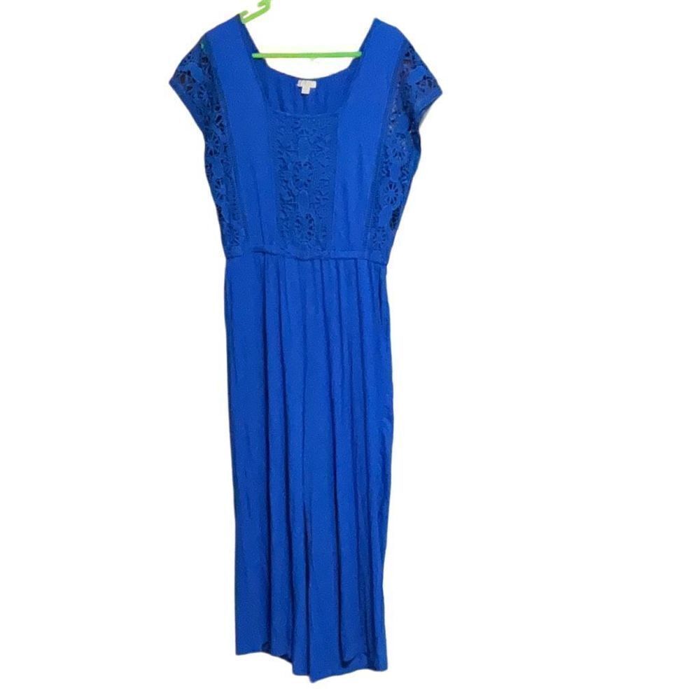 Spense Blue Jumpsuit Sleeveless Cutout Lace Stretch Elastic Waist Wide Leg Sz SP